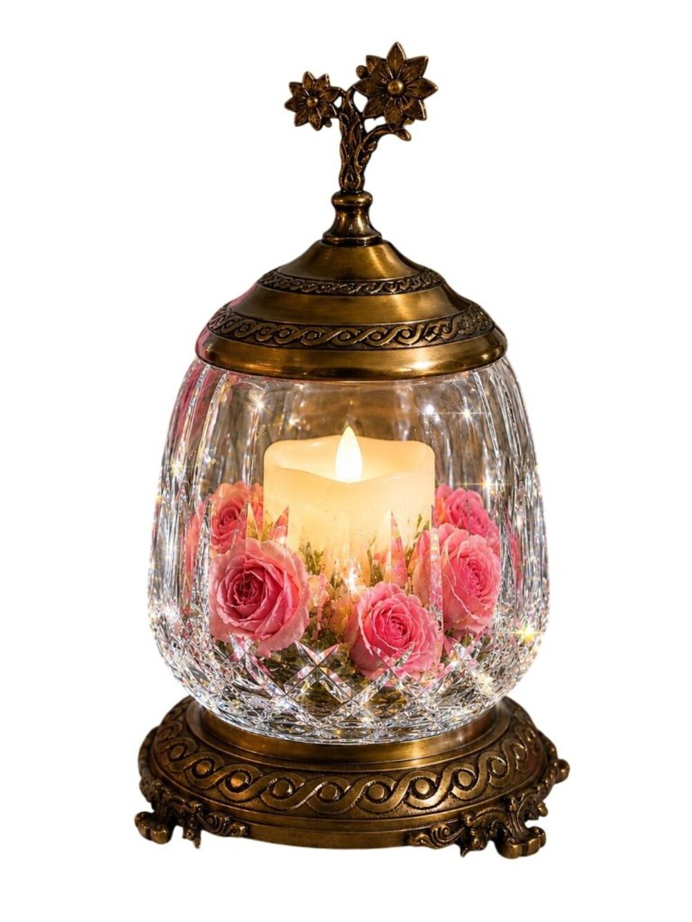 Castilian  Lead Cut Crystal Bronze Pedestal Candle Lamp Centerpiece Bowl Vase